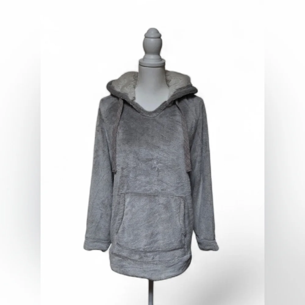 Green Tea Cozy Faux-Fur Lined Hoodie Women’s Large Winter Gray Pullover - Picture 2 of 8